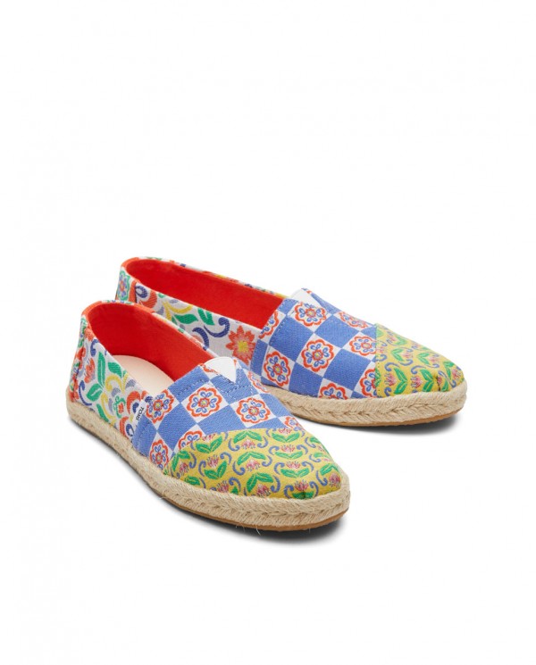 Alpargatas de mujer yute jacquard floral rojo